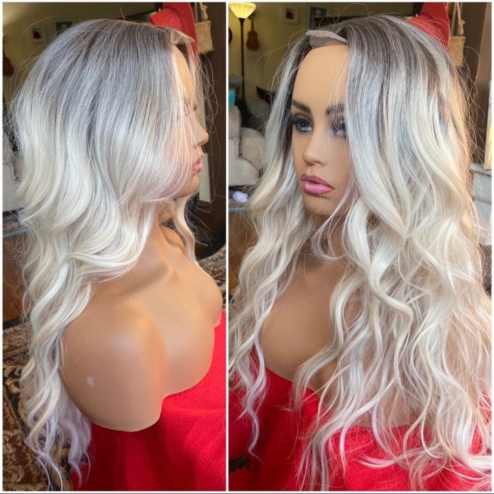 center Partial lace front wavy platinum Ombre wig